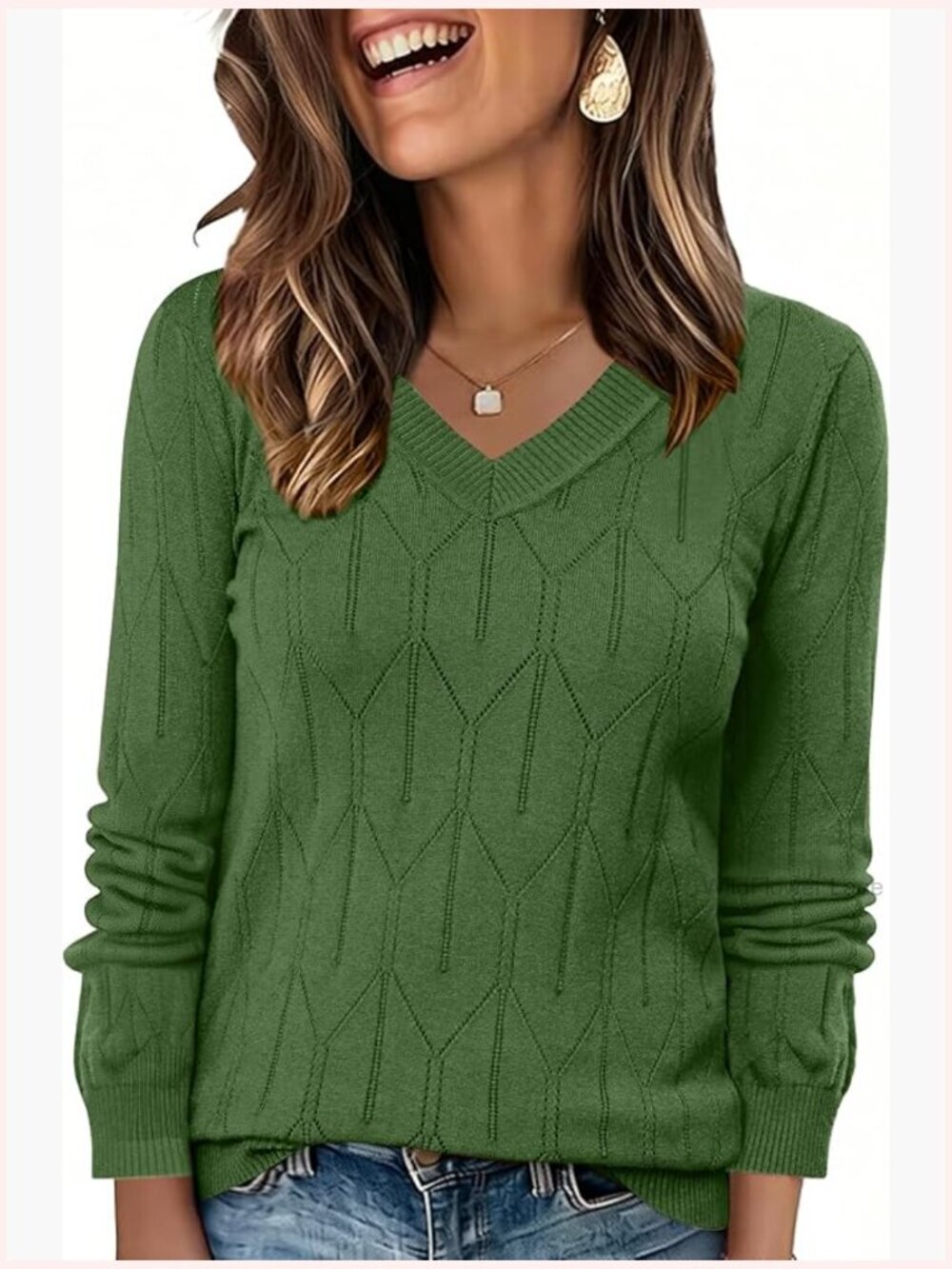 V Neck Long Sleeve Crochet Pullover Sweater Lightweight Casual Dressy Top